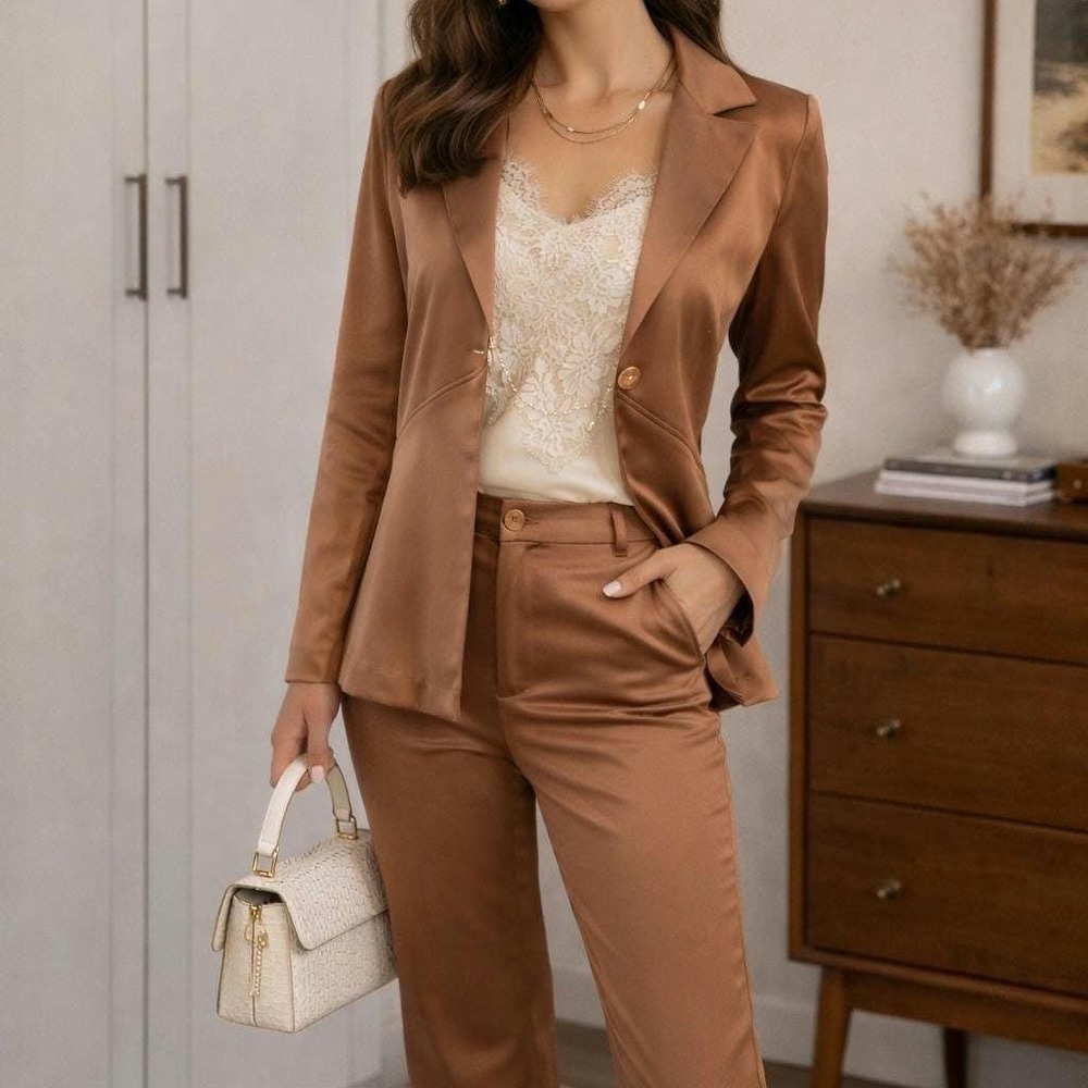 IZ Byer California Vintage 1980s Tan Two Piece Pant Suit Set Small Retro Suit